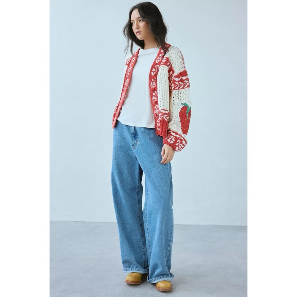 POL Cream Red Fair Isle Button Front Sweater Cardigan Strawberry Elbow Knit - Picture 8 of 9